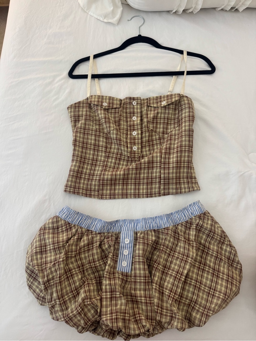 Jaded London Cream and Brown Plaid Cami & Bubble skirt set